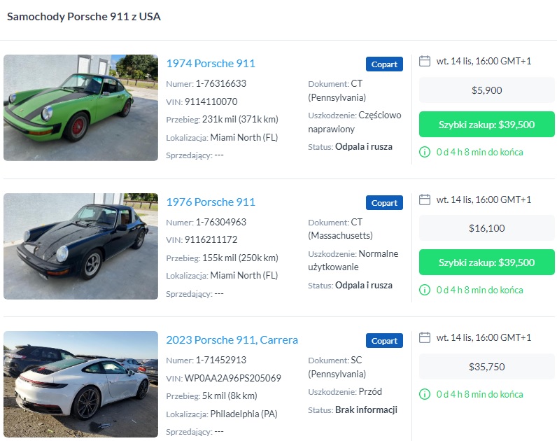 przykładowe aukcje samochodów porsche 911 na portalu BidCars
